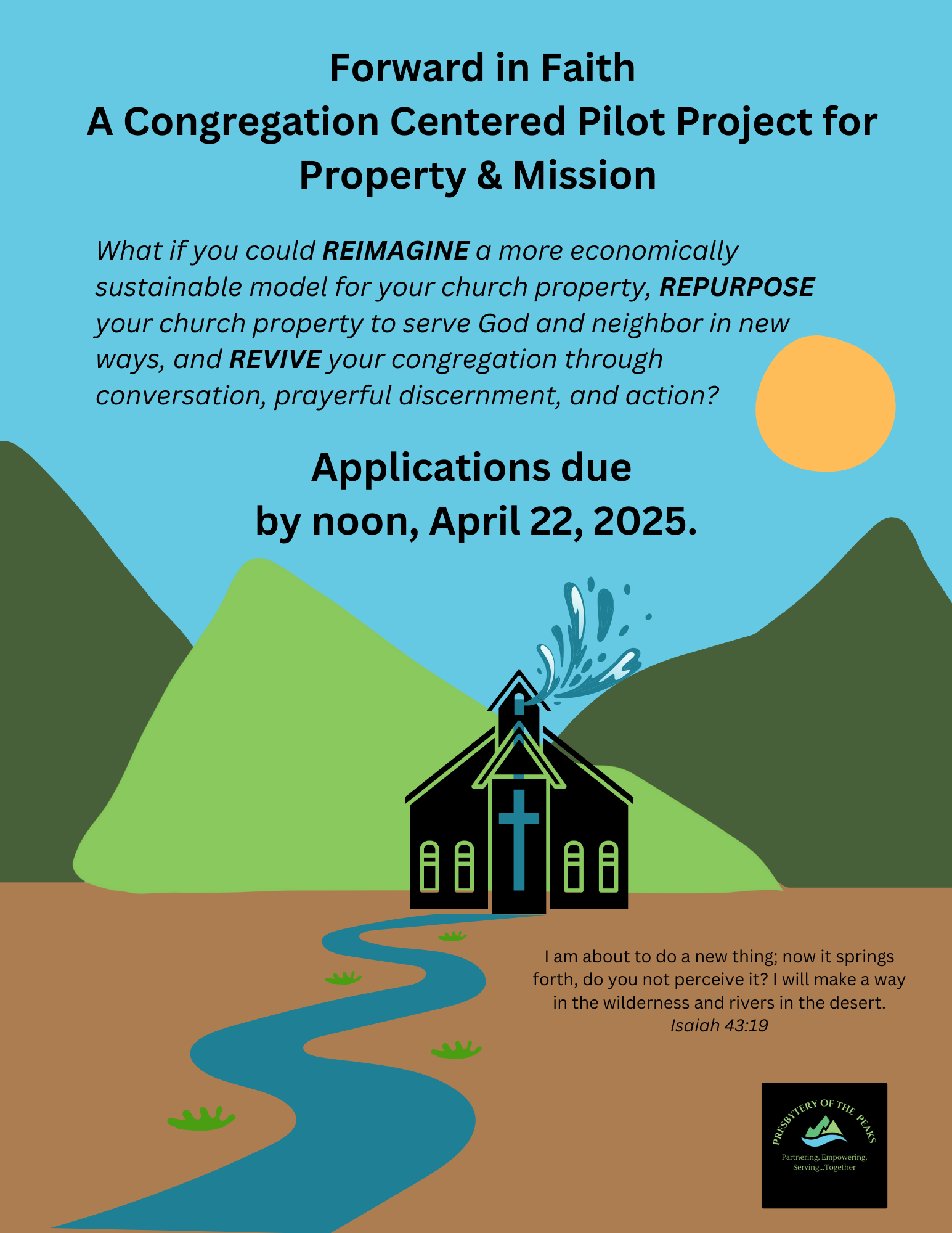 Forward in Faith<br />
A Congregation Centered Pilot Project for Property & Mission. What if you could REIMAGINE a more economically sustainable model for your church property, REPURPOSE your church property to serve God and neighbor in new ways, and REVIVE your congregation through conversation, prayerful discernment, and action?<br />
Applications due by noon, April 22, 2025.